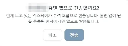 주석을 포함한 엑스레이를 환자의 홈덴 앱으로 전송할지 묻는 확인 모달 — 취소·전송 버튼