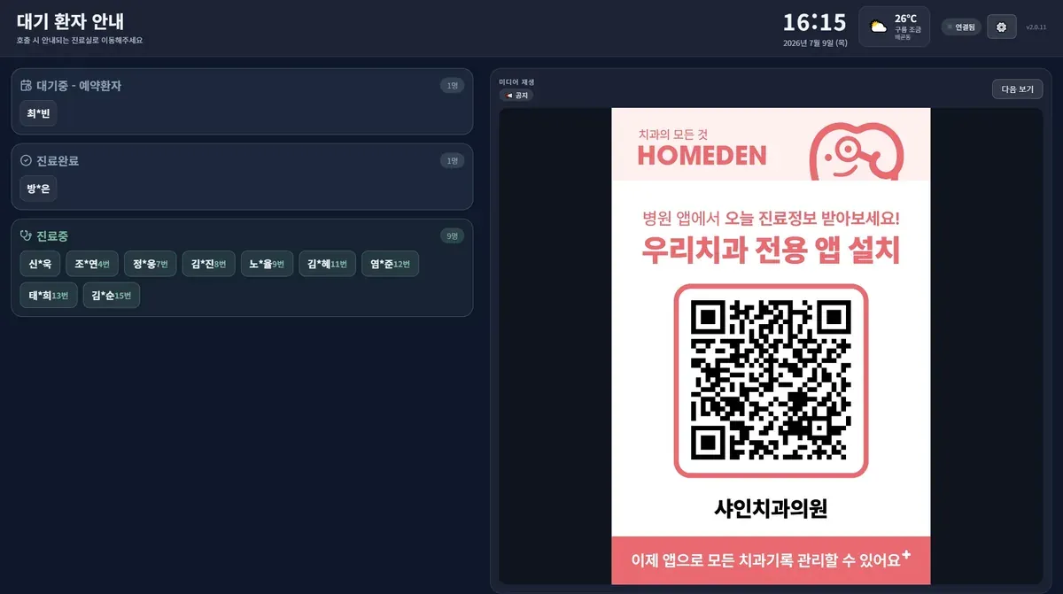대기실 안내 화면 — 대기중·진료완료·진료중 환자 현황과 병원 콘텐츠가 함께 표시되는 디스플레이