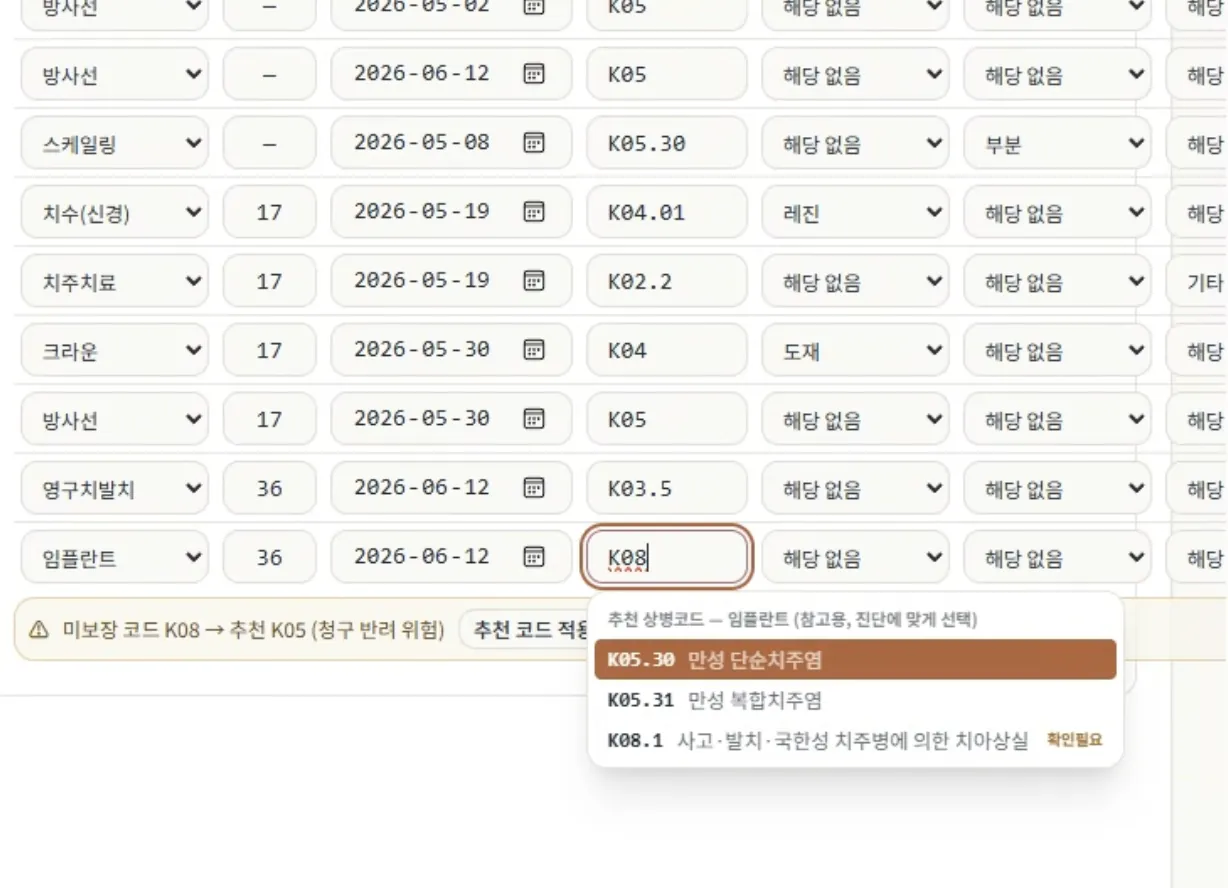 보험 상병코드 입력 화면 — 스케일링·치수(신경)·치주치료·크라운·방사선·영구치발치·임플란트 항목에 치아번호·치료일·질병분류코드가 채워져 있고, 하단에 보장 범위 밖 코드 안내와 참고용 상병코드 후보 목록이 열려 있다