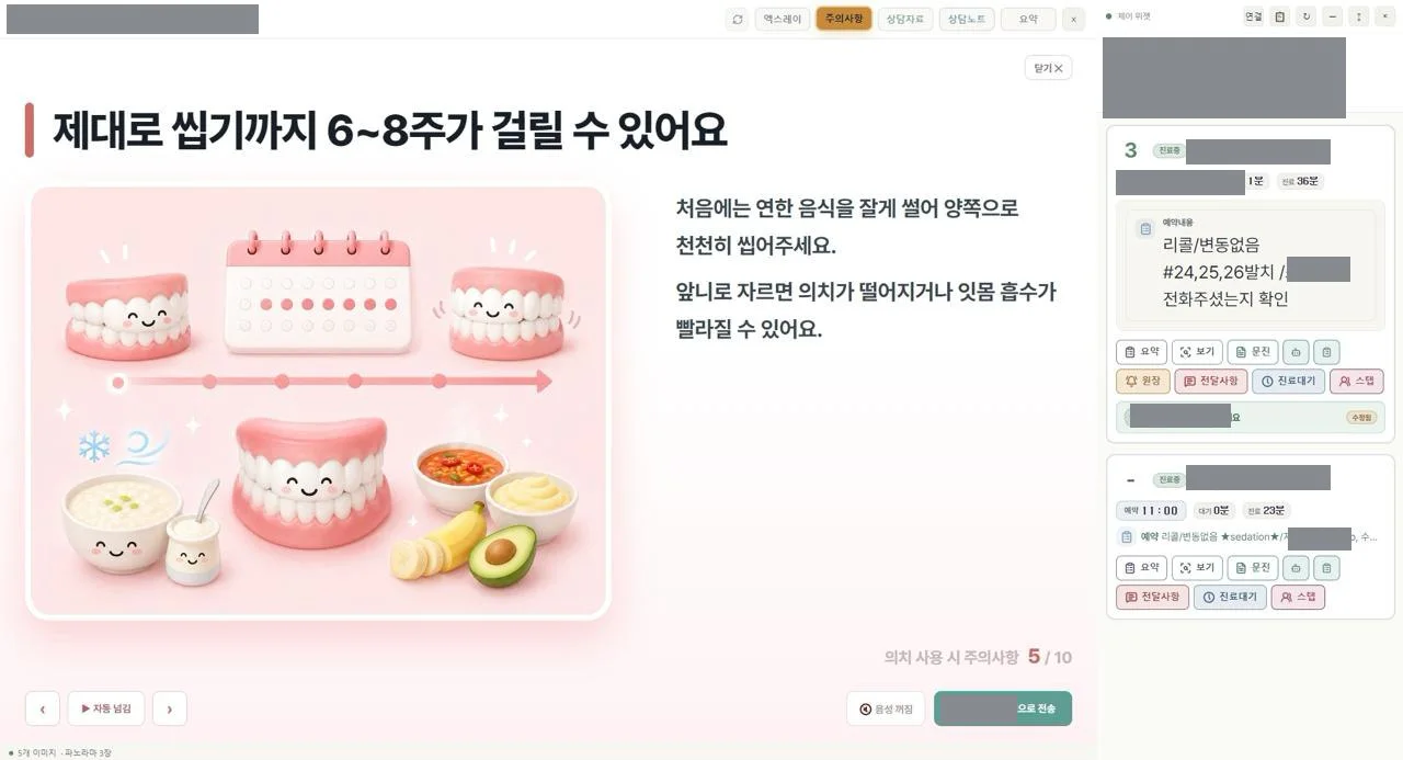주의사항 안내 실제 화면 — ‘제대로 씹기까지 6~8주가 걸릴 수 있어요’ 의치 주의사항 카드(5/10), 자동 넘김·음성 컨트롤과 환자 앱 전송 버튼, 오른쪽에 체어 위젯